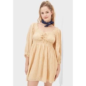 American Eagle Womens S Mustard Yellow Floral 3/4 Puff Sleeve Smocked Dress